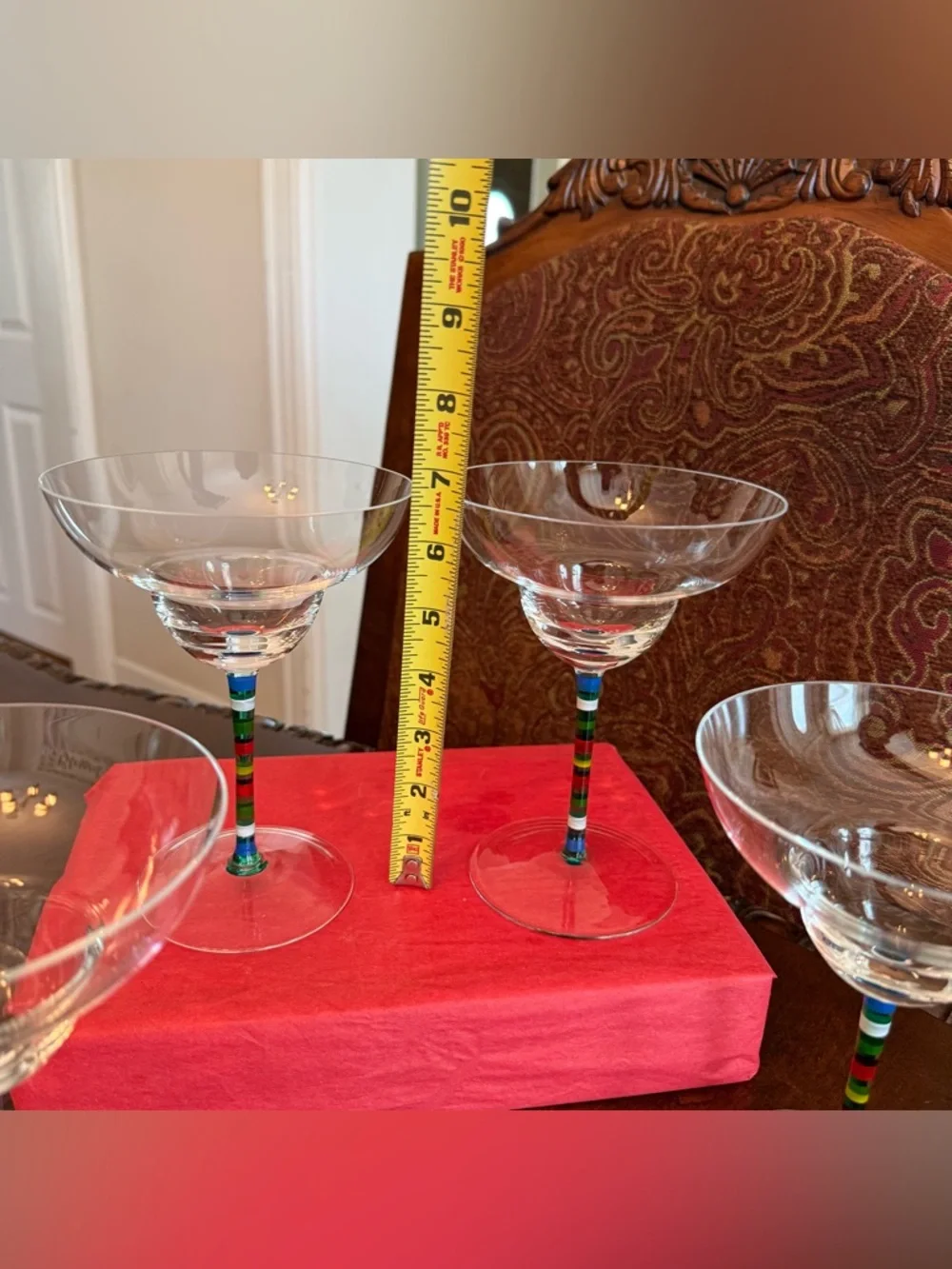 3 Crate & Barrel Caprice Margarita Glasses Multi-Color STRIPE STEM Hungary *READ
